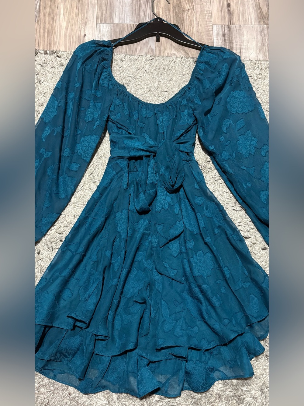 Allison + Kelly Teal Floral Jacquard Puff Sleeve Mini Dress Size S - Picture 2 of 7